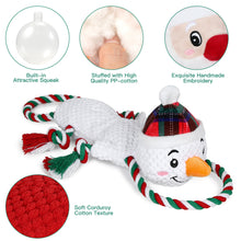 Load image into Gallery viewer, IOKHEIRA Christmas Snowman Dog Squeaky Toys Dog Chew Toy Interactive Plush Dog Toys with Crinkle Paper Tug of War Dog Toys with Knotted Rope for Teeth Cleaning & Boredom