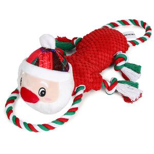 IOKHEIRA Christmas Santa Claus Dog Squeaky Toys Dog Chew Toy Interactive Plush Dog Toys with Crinkle Paper Tug of War Dog Toys with Knotted Rope for Teeth Cleaning & Boredom