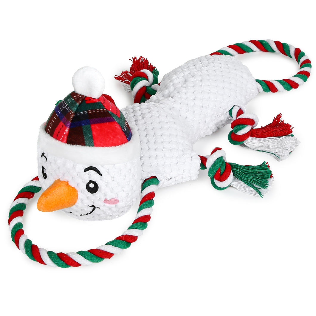 IOKHEIRA Christmas Snowman Dog Squeaky Toys Dog Chew Toy Interactive Plush Dog Toys with Crinkle Paper Tug of War Dog Toys with Knotted Rope for Teeth Cleaning & Boredom