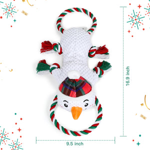 IOKHEIRA Christmas Snowman Dog Squeaky Toys Dog Chew Toy Interactive Plush Dog Toys with Crinkle Paper Tug of War Dog Toys with Knotted Rope for Teeth Cleaning & Boredom